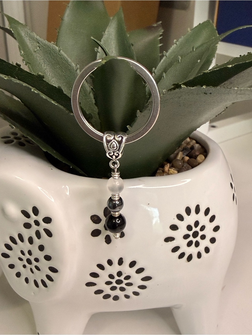 Hand Crafted Black and White Bead Key & Card Holder Charm